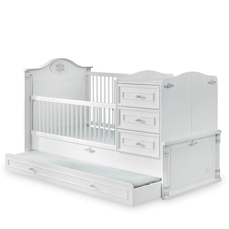 Cama convertible romántica Cilek , de cuna de 130 x 80 cm a 180 x 80 cm, con cajón y mesita de noche - zona de dormir