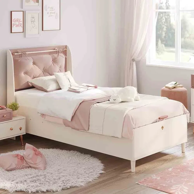 Cama contenedor Cilek Elegance con cabecero acolchado de microfibra rosa - zona de dormir