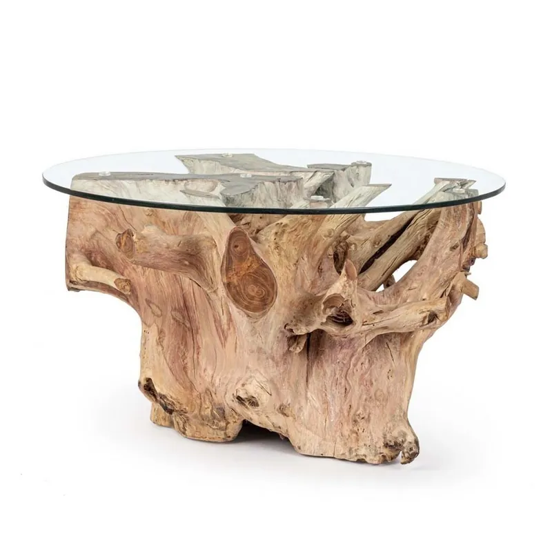 Mesa de centro Rosalind con tapa de cristal y base de madera de raíz de teca centenaria - Vintage