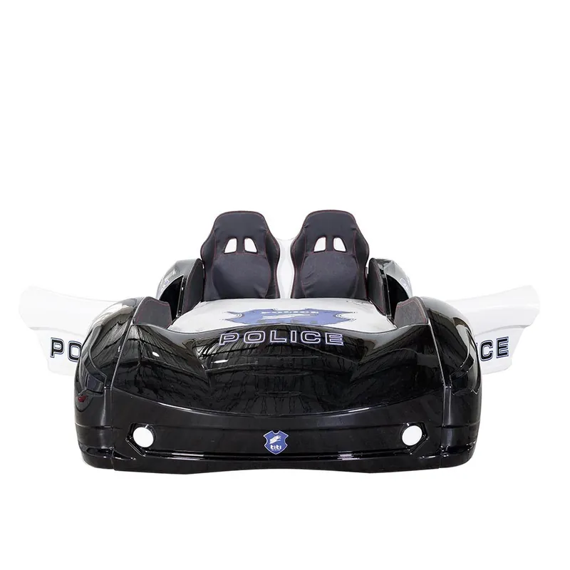 Cama de coche de policía forrada en piel con asientos tapizados en el cabecero con altavoz Bluetooth, luces y sonidos LED y - zona de dormir