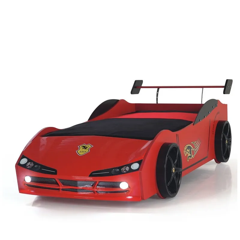 Cama de coche Woody en MDF con luces disponible en blanco y rojo - zona de dormir