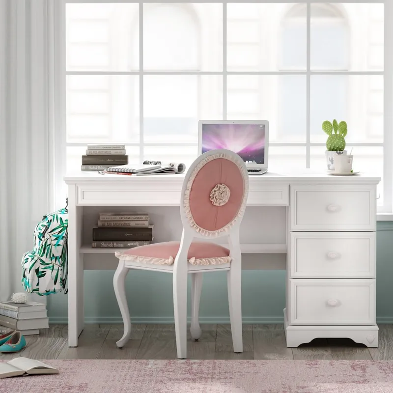 Escritorio Cilek Rustic White en madera blanca con cajones y decoraciones florales disponible con o sin panel - zona de dormir