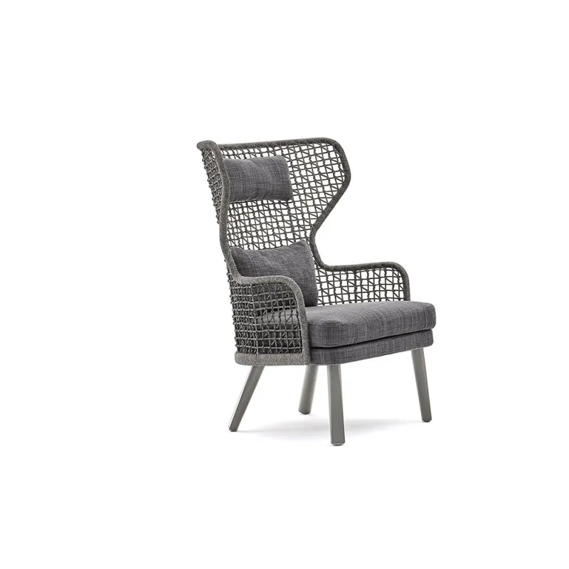 Sillón de exterior Emma de Varaschin con patas de aluminio y respaldo de cuerda tejida a mano - Mueble de jardin