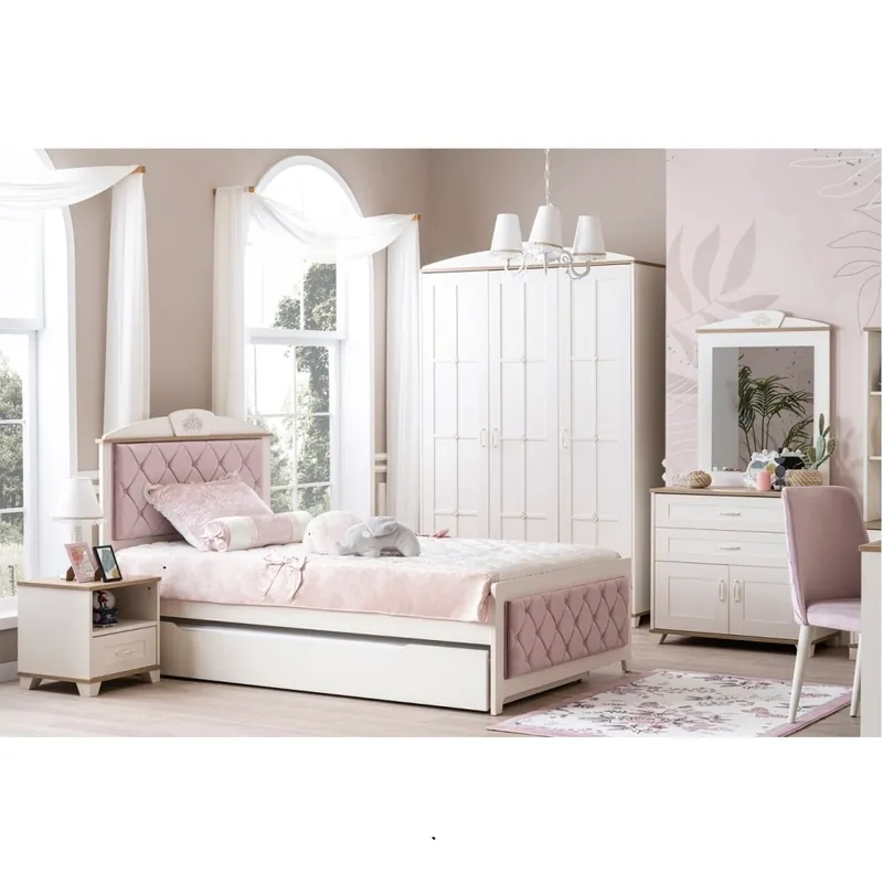 Dormitorio completo para niña New Frezya con cama, armario, mesita de noche, cómoda y espejo - zona de dormir