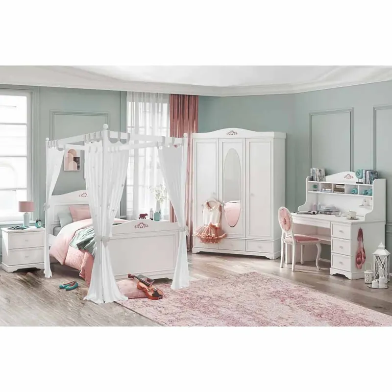 Dormitorio completo Cilek para niñas Rustic White con cama, armario, mesita de noche, escritorio y silla - zona de dormir
