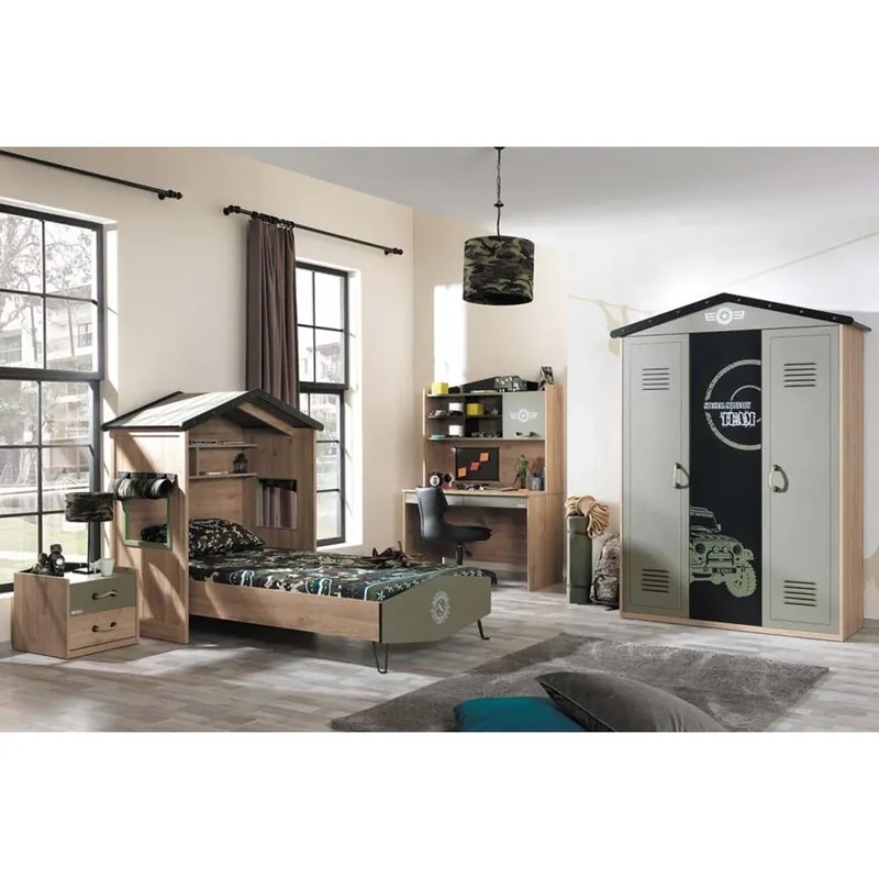 Dormitorio infantil Camp completo con cama individual, mesita de noche, armario y escritorio - zona de dormir