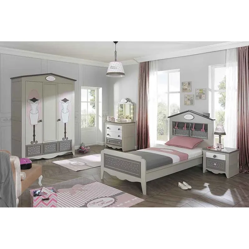 Dormitorio completo para niña Guapa con cama, armario, mesita de noche, cómoda, lámpara y candelabro - zona de dormir