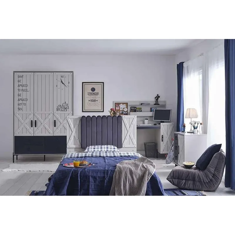 Dormitorio completo para niños Rust con cama de matrimonio, armario, vestidor y escritorio - zona de dormir