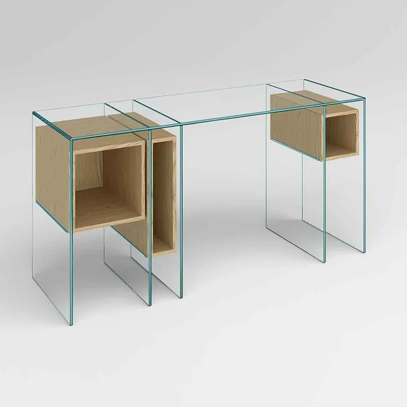 Consola Tonelli Design Marcell con estructura de cristal y contenedores de madera en acabado Roble Natural. - Sala de estar