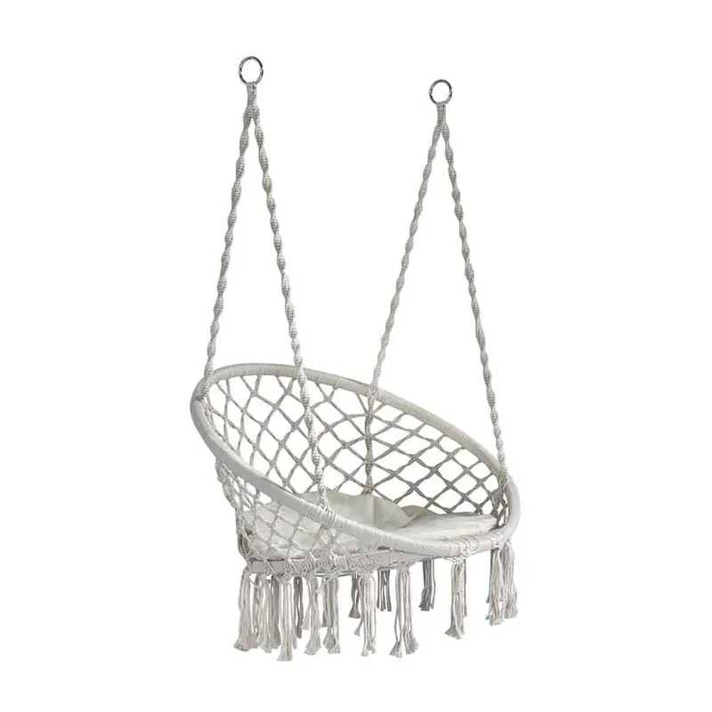 Columpio de cuerda y cojín color natural con asiento con flecos - Mueble de jardin