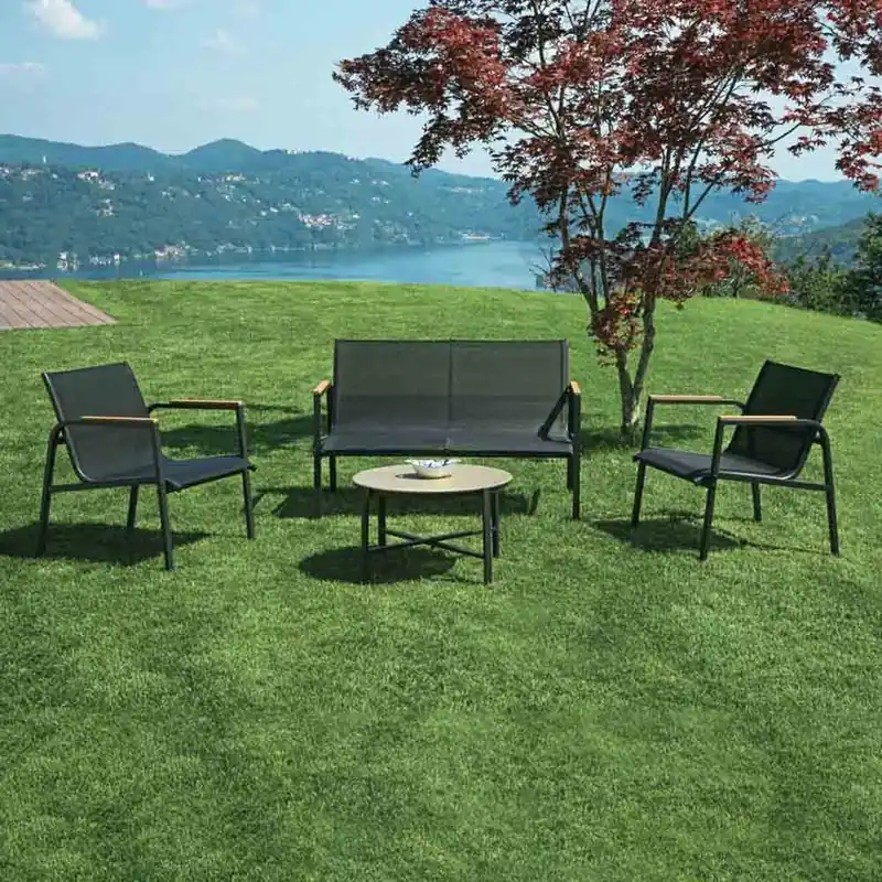 Conjunto de jardín Tarquinia fabricado en hierro con reposabrazos de madera de resina - Mueble de jardin