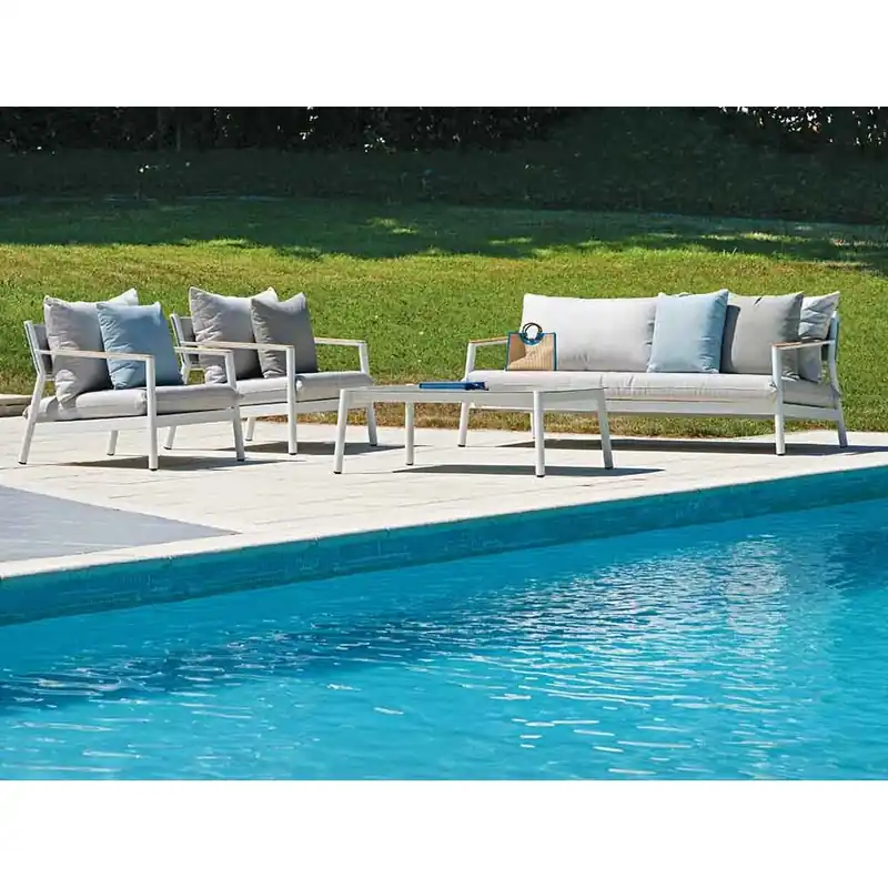 Conjunto de jardín Cassis en aluminio blanco y teca con cojines incluidos. - Mueble de jardin