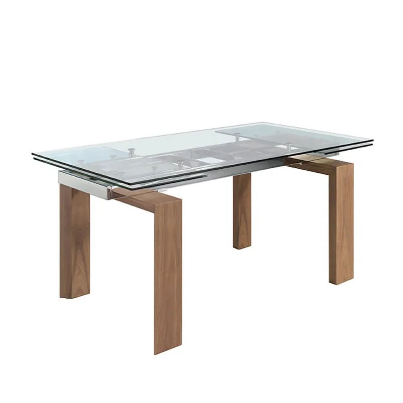 Mesa de comedor extensible con tapa de cristal templado y patas de madera chapada en nogal. - 160/240 x 90 x 75