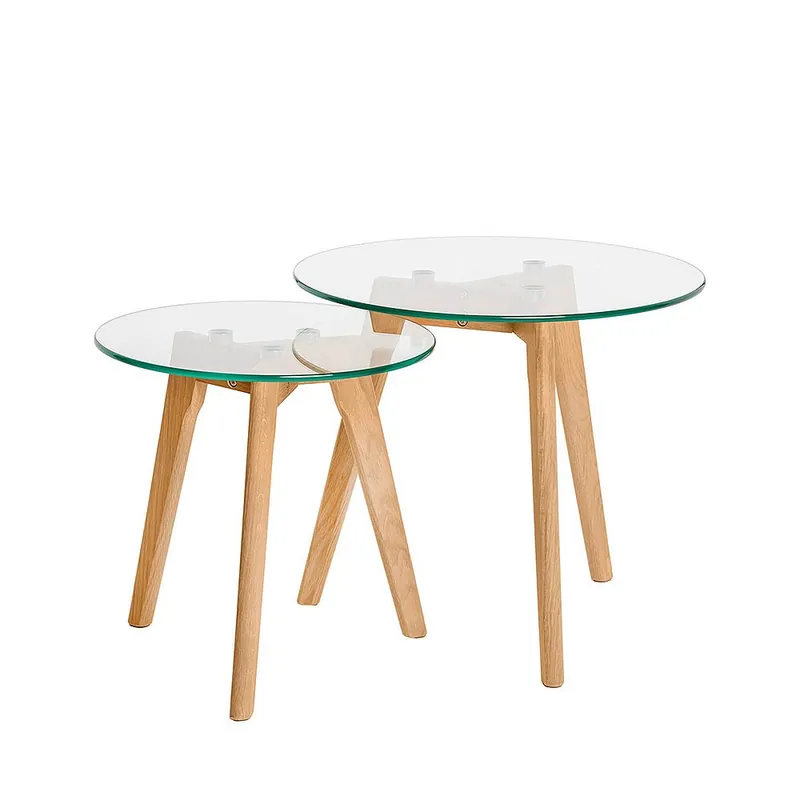 Somcasa Conjunto de 2 mesas de centro Abel en diferentes tamaños con tapa de cristal templado de 8 mm y patas de madera - Sala de estar