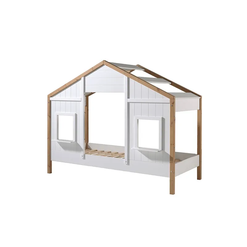 Cama individual con forma de casita, fabricada en madera maciza y MDF. - zona de dormir
