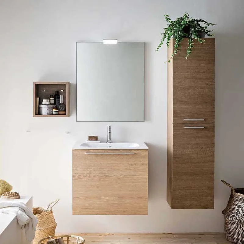 Composición kios de baño Dado 04 con mueble suspendido con 1 cajón, espejo, mueble alto y columna - zona de dormir