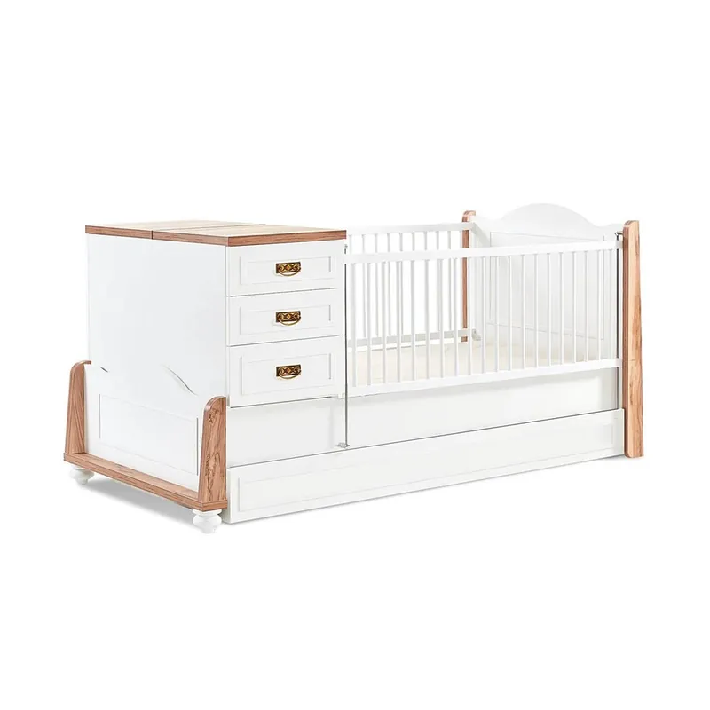 Cama transformable de la línea Tiffany con 3 cajones, cambiador y cómoda con ruedas debajo de la cama - zona de dormir
