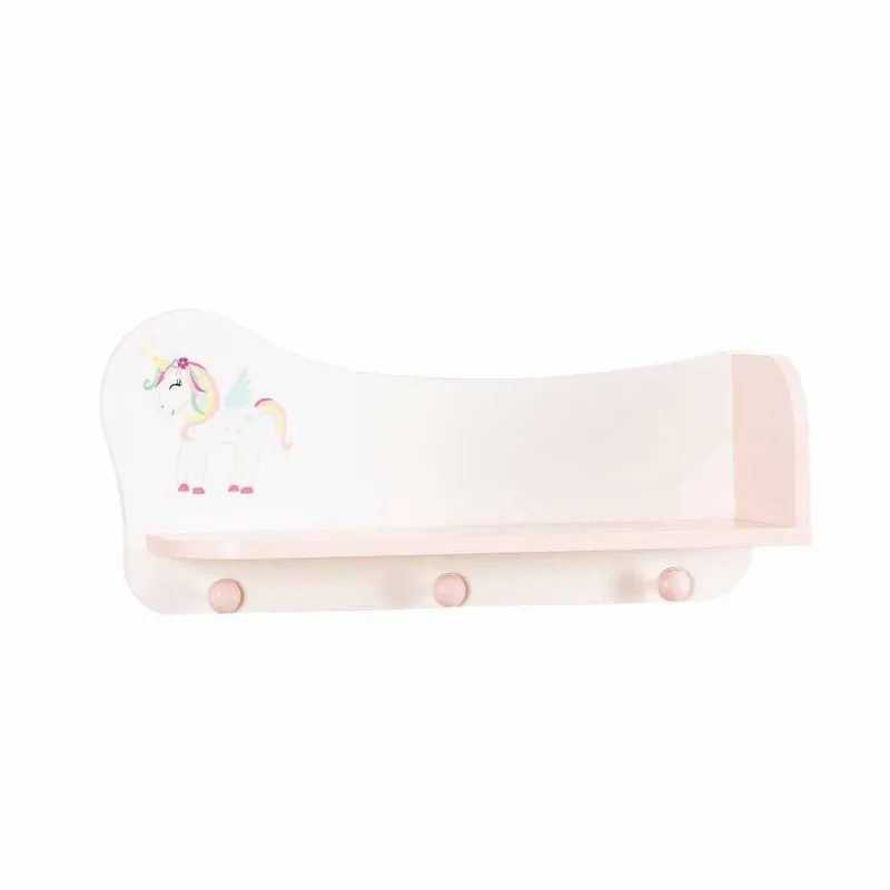 Estante perchero de pared Línea Unicorno con un estante y tres ganchos con acabado motivo Unicorno - zona de dormir