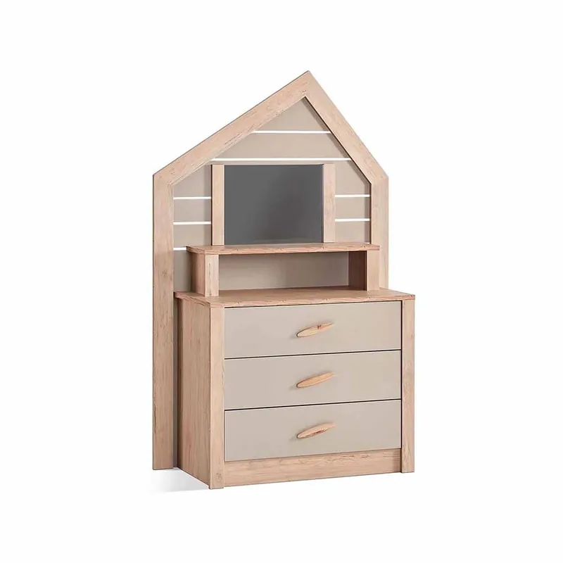 Cómoda con tres cajones grandes, compartimento de almacenamiento y espejo, en forma de casa de la Línea My House - zona de dormir