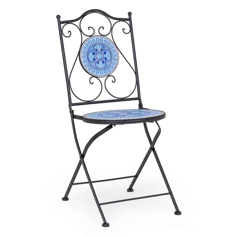 Silla Bizzotto Bisanzio con estructura de acero tratado para exterior, con asiento y respaldo con decoración cerámica - Mueble de jardin