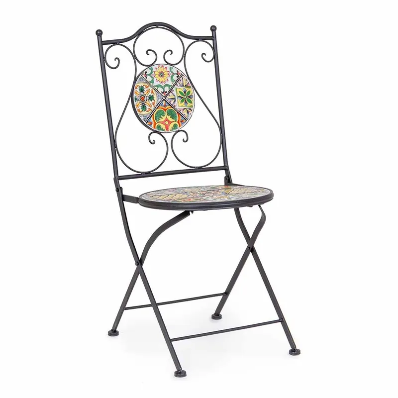 Silla Bizzotto Naxos con estructura de acero para uso exterior, con asiento y respaldo con decoración cerámica. - Mueble de jardin