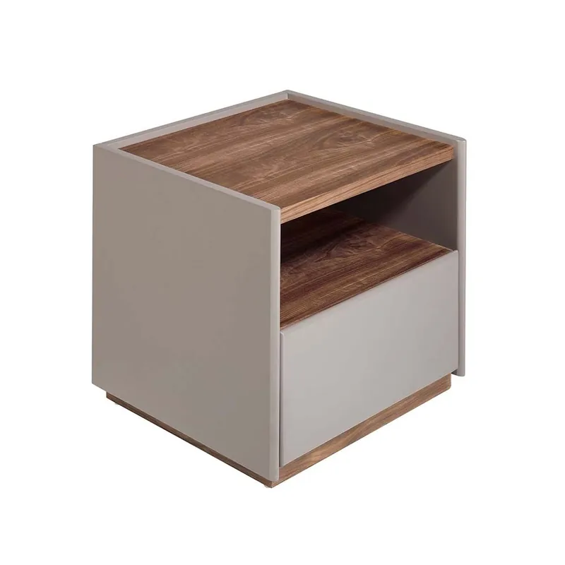 Mesita de noche Angel Cerda 7116 en madera MDF gris y chapa de nogal natural - zona de dormir