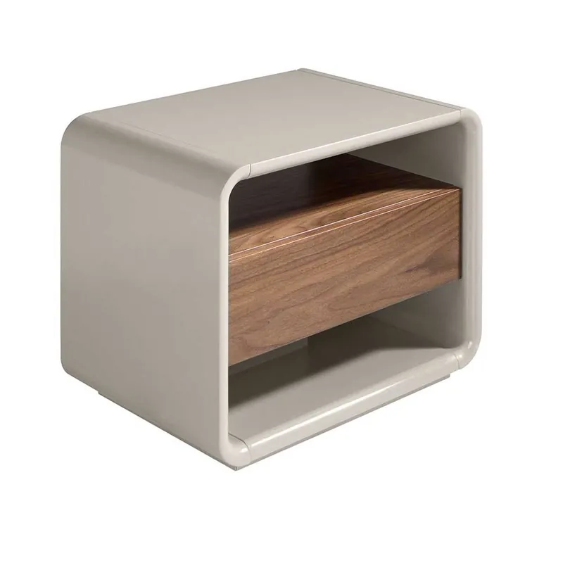 Mesita de noche Angel Cerda 7134 de líneas redondeadas en madera MDF color gris y madera nogal natural - zona de dormir