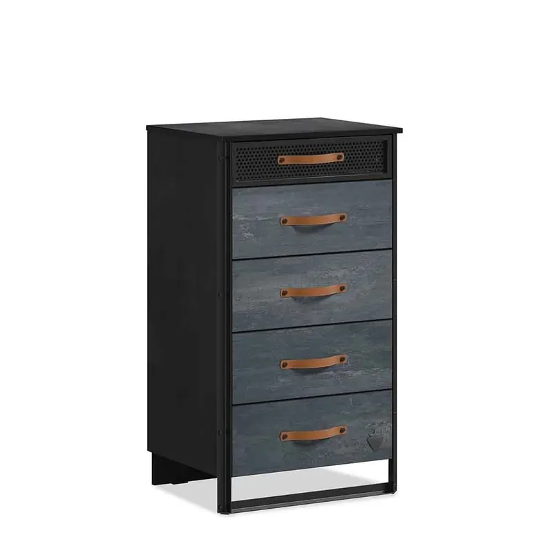 Cómoda alta Cilek Dark Metal con estructura de madera y tiradores de cuero - zona de dormir