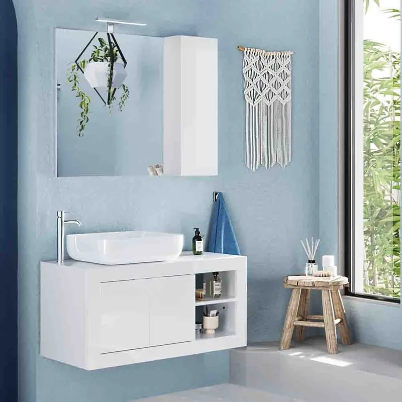 Composición de mueble de baño suspendido o de suelo con espejo y compartimento cerrado, en dos medidas - zona de dormir
