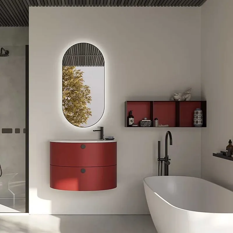 Composición baño Kios Oval 05 con mueble suspendido de 2 cajones, espejo, mueble alto de 3 compartimentos - zona de dormir