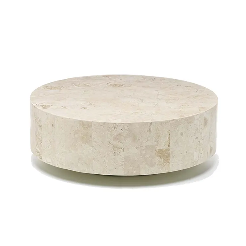 Mesa de centro redonda Stones Round 1 con estructura de contrachapado marino recubierta de piedra fósil - Sala de estar