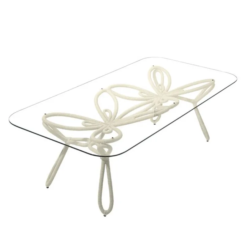 Mesa de diseño rectangular Kenneth Cobonpue Corda con tapa de cristal templado y base de cuerda de algodón en tres acabados - Sala de estar