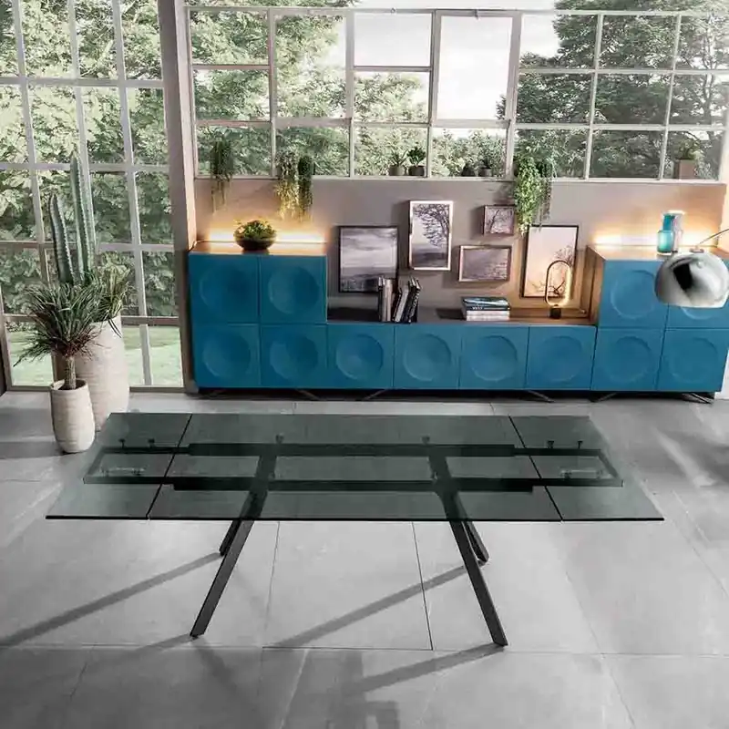 Stones | Mesa extensible ahumada de cristal templado ahumado, ideal para salones. - Sala de estar