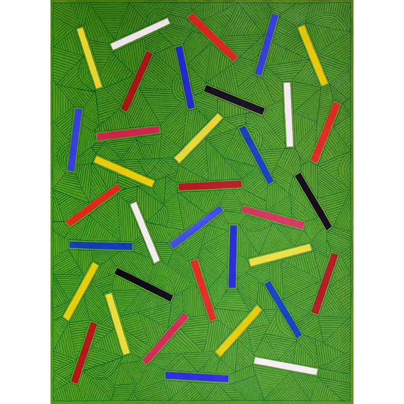 Alfredo Alcain. Palitos de colores sobre verde, 2017