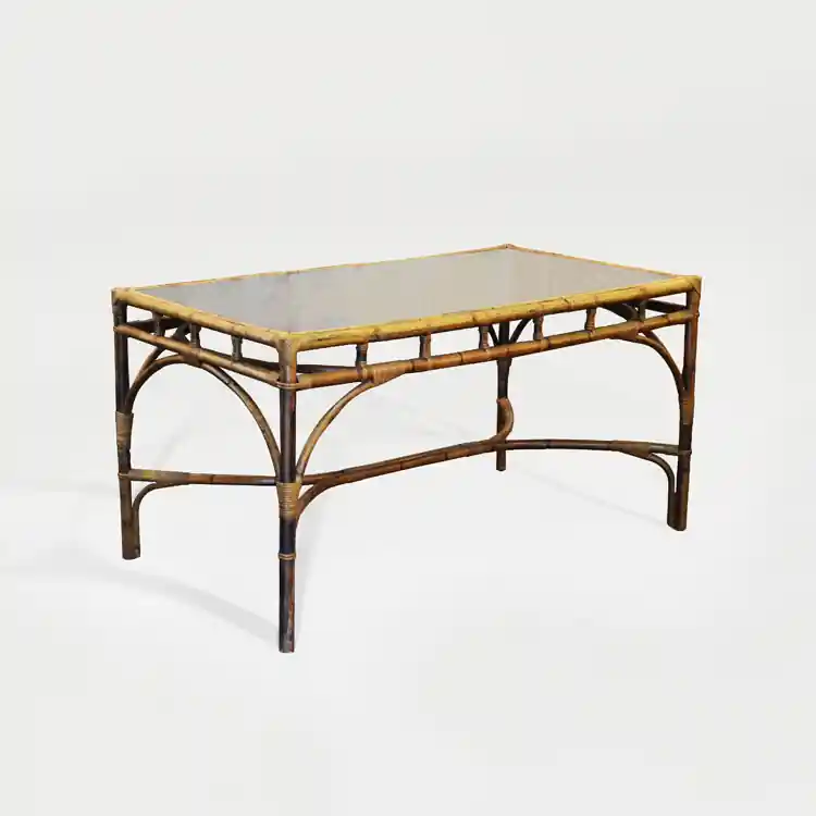 Mesa de bambú y tapa de cristal sobre mimbre, hacia 1950 - Mesas de comedor